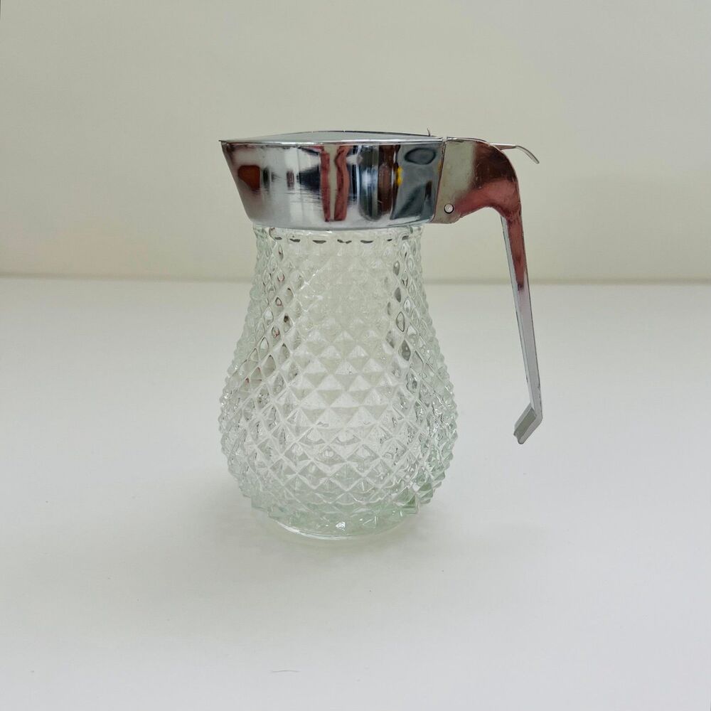 Vintage Diamond Point Glass Syrup Dispenser With Chrome Plated Lid Hinged Lever